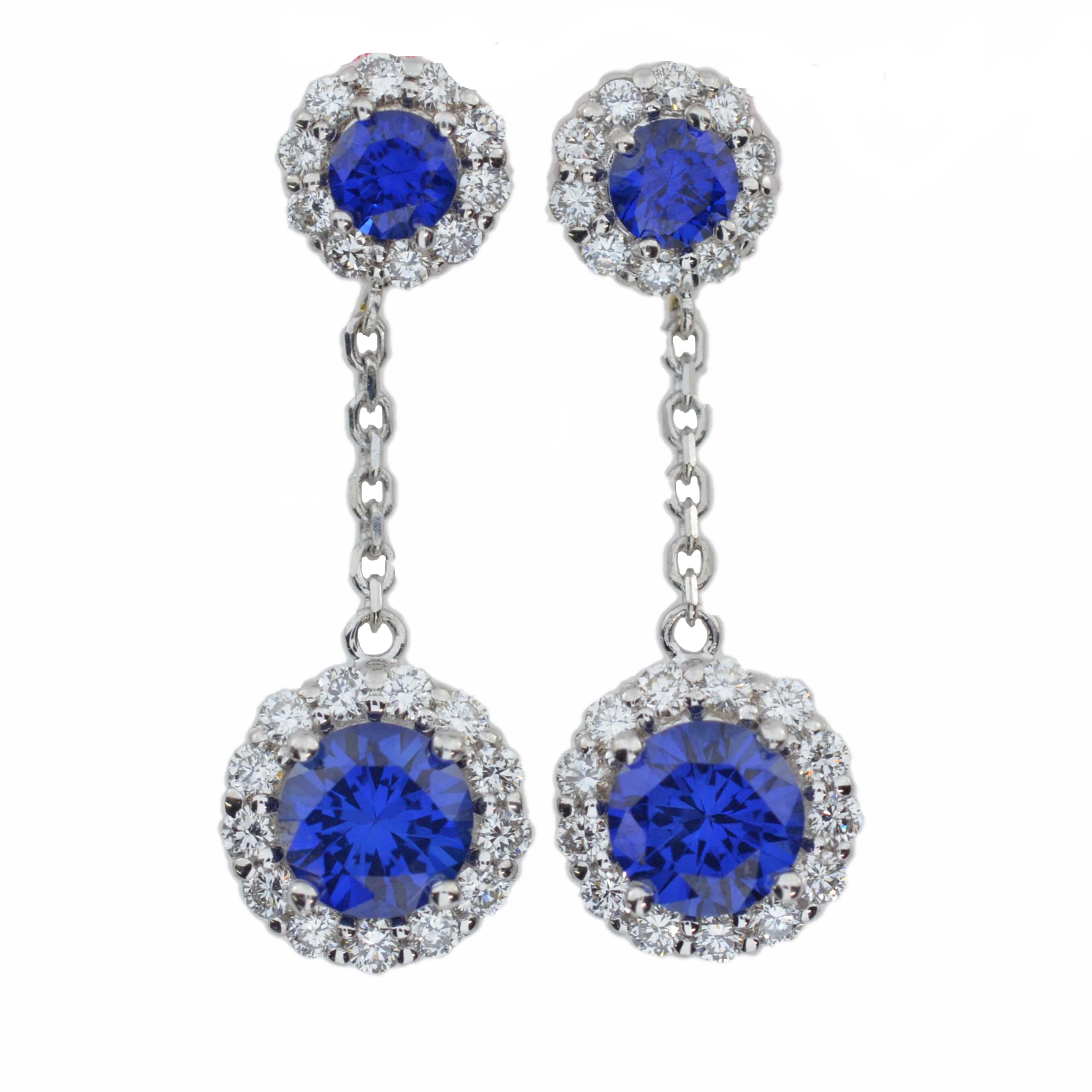 14Kt Gold 1.68 Ct Lab Grown Diamond & Blue Sapphire Halo Dangle Stud Earrings
