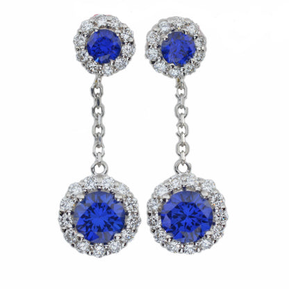 14Kt Gold 1.68 Ct Lab Grown Diamond & Blue Sapphire Halo Dangle Stud Earrings