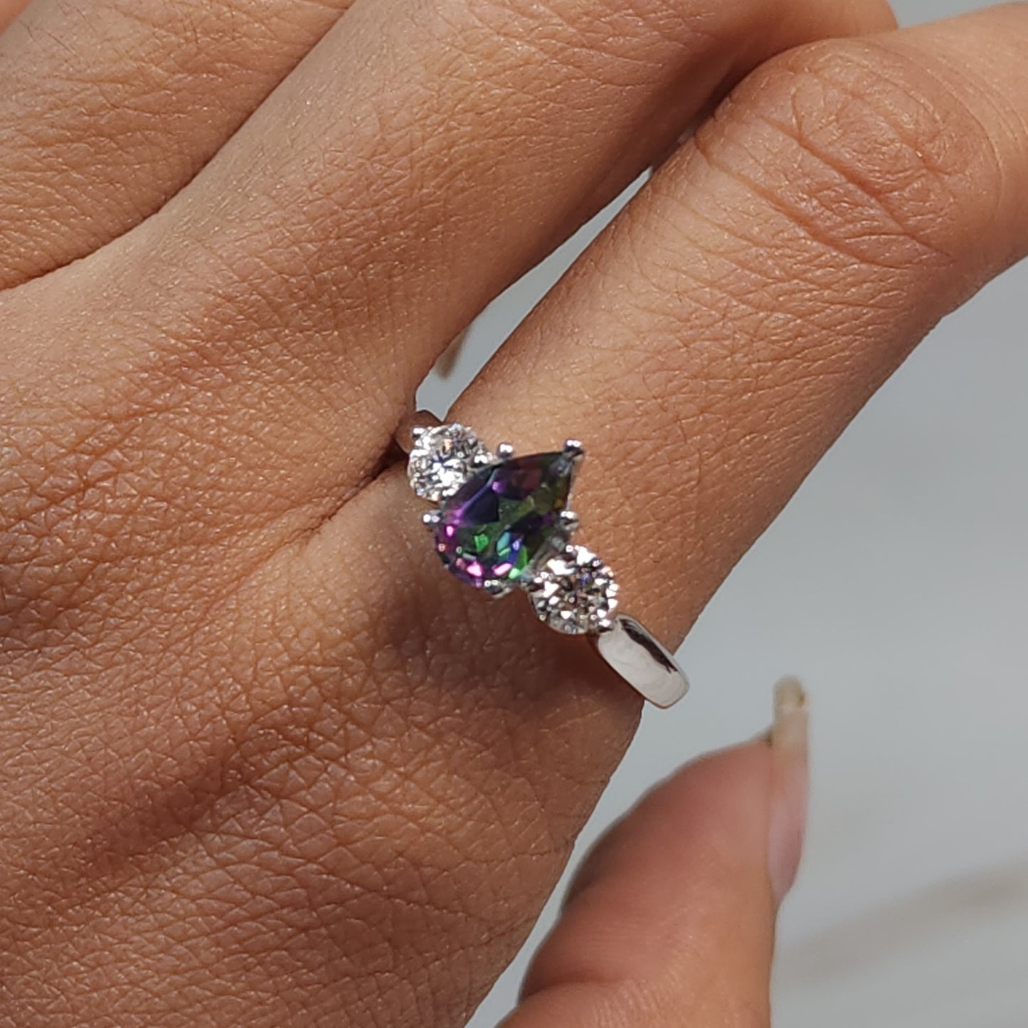 Natural Mystic Topaz & Lab Grown Diamond Pear Round ring .925 Sterling Silver