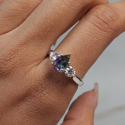 Natural Mystic Topaz & Lab Grown Diamond Pear Round ring .925 Sterling Silver