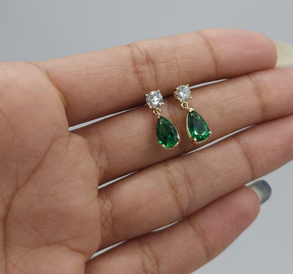 14Kt Gold Created Emerald & Lab Grown Diamond Teardrop Dangle Stud Earrings