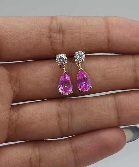 14Kt Gold Created Pink Sapphire & Lab Grown Diamond Teardrop Dangle Stud Earrings