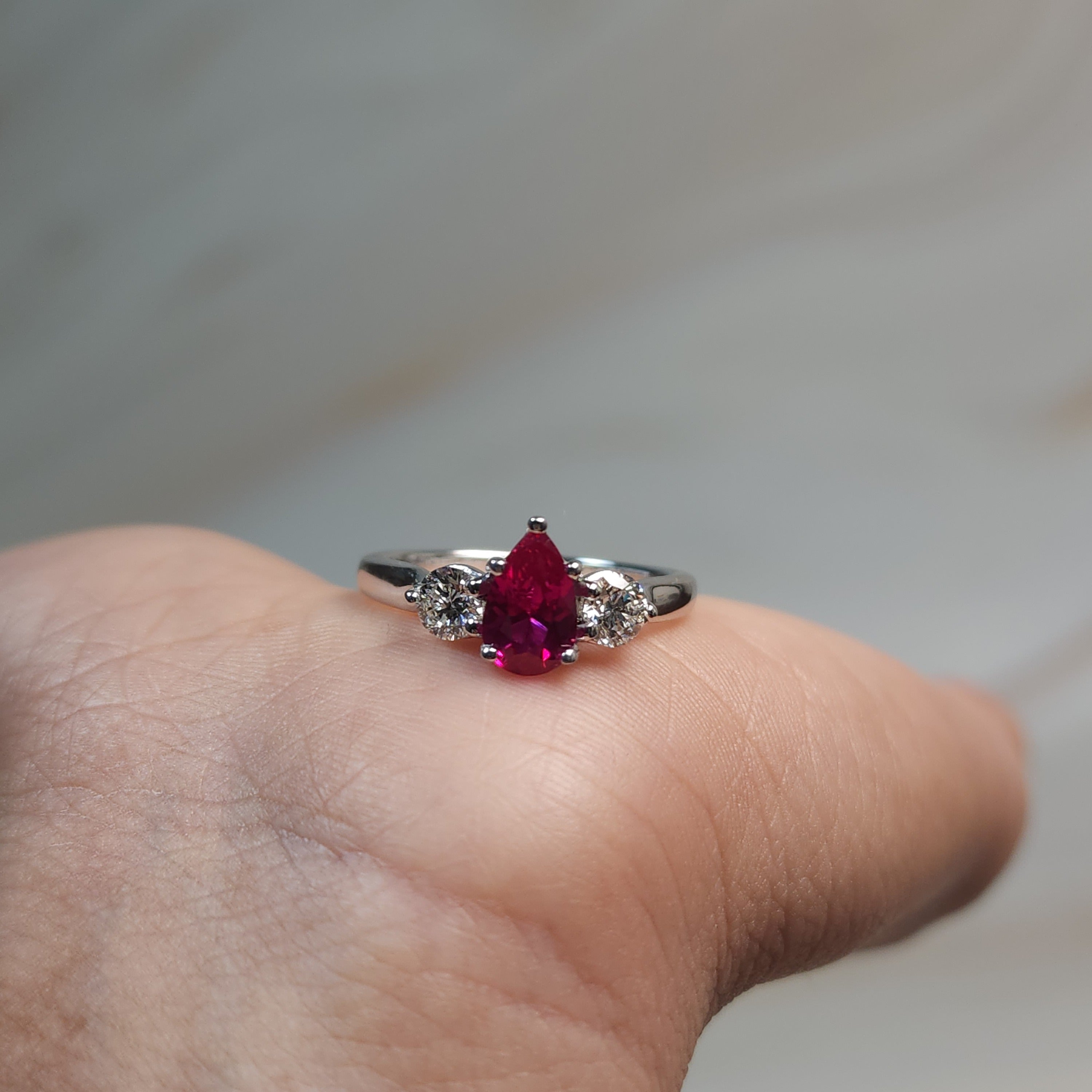 Created Ruby & Lab Grown Diamond Pear Round ring .925 Sterling