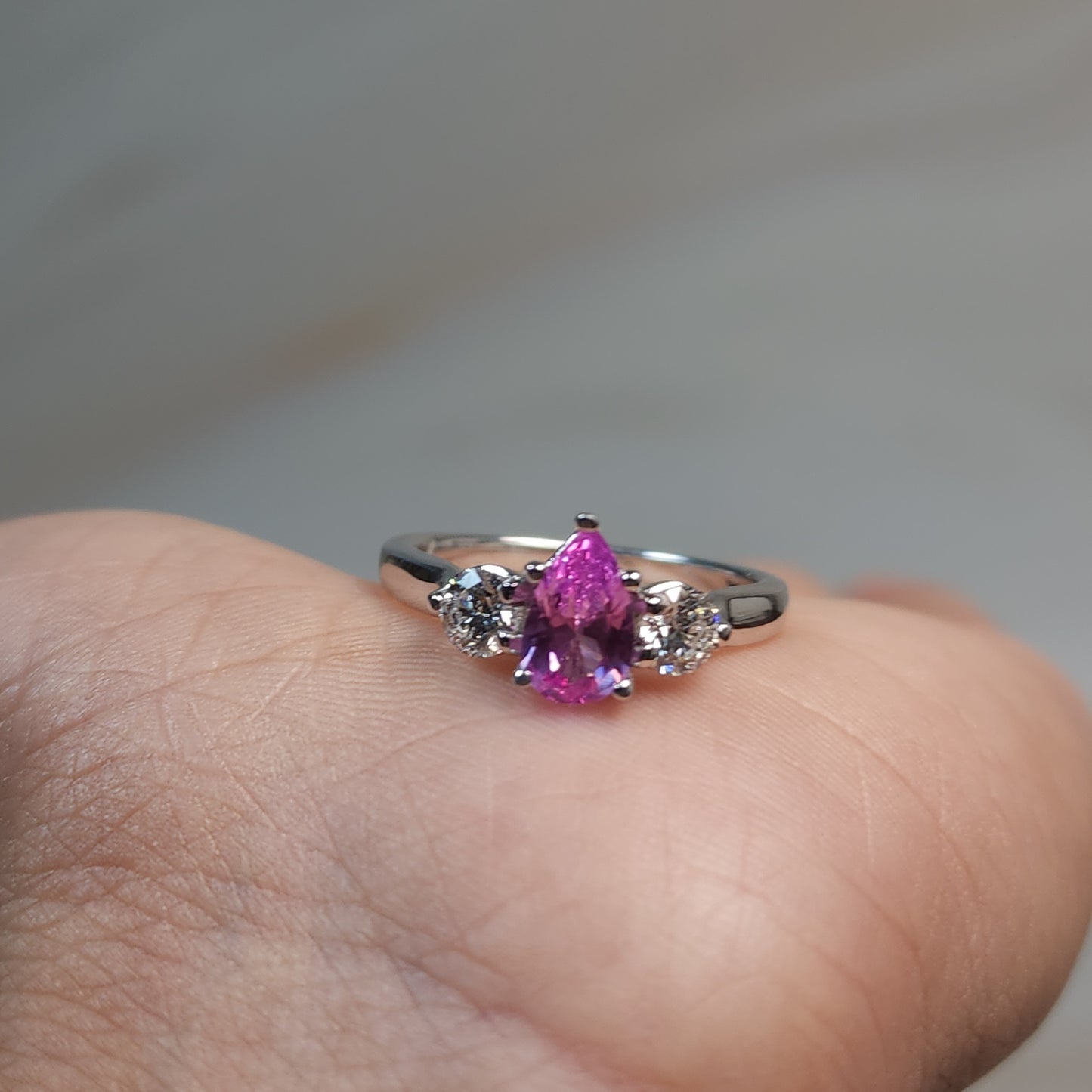 Created Pink Sapphire & Lab Grown Diamond Pear Round ring .925 Sterling Silver
