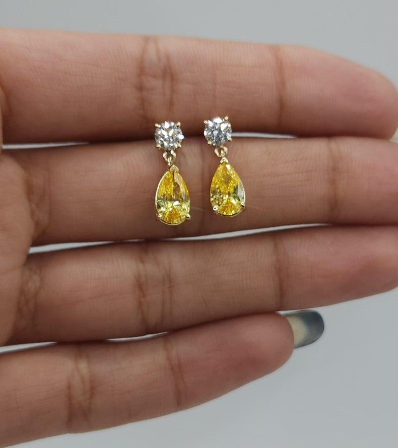 14Kt Gold Created Yellow Citrine & Lab Grown Diamond Teardrop Dangle Stud Earrings