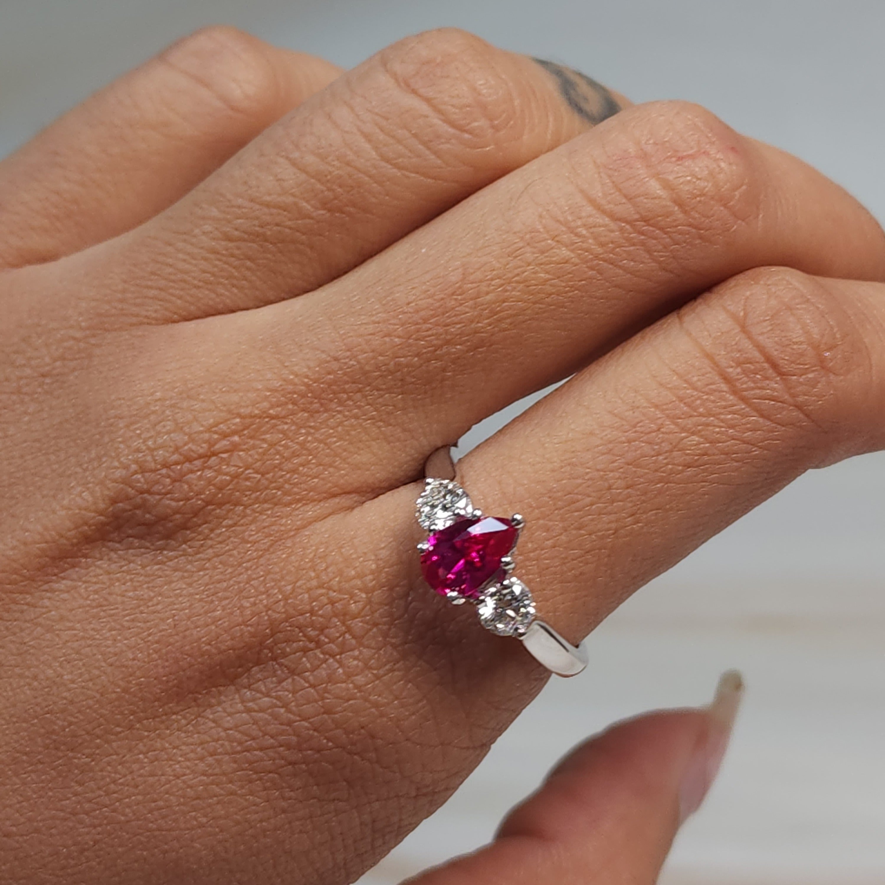 Created Ruby & Lab Grown Diamond Pear Round ring .925 Sterling