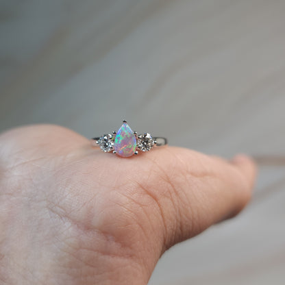 Created Pink Opal & Lab Grown Diamond Pear Round ring .925 Sterling Silver