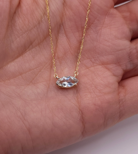 14Kt Gold Genuine Aquamarine Marquise Pendant Necklace