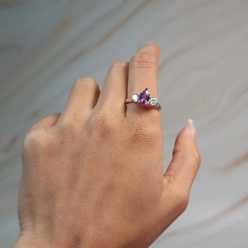 Created Alexandrite & Lab Grown Diamond Pear Round ring .925 Sterling Silver