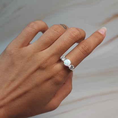 Created Opal & 1Ct Lab Grown Diamond Round ring .925 Sterling Silver