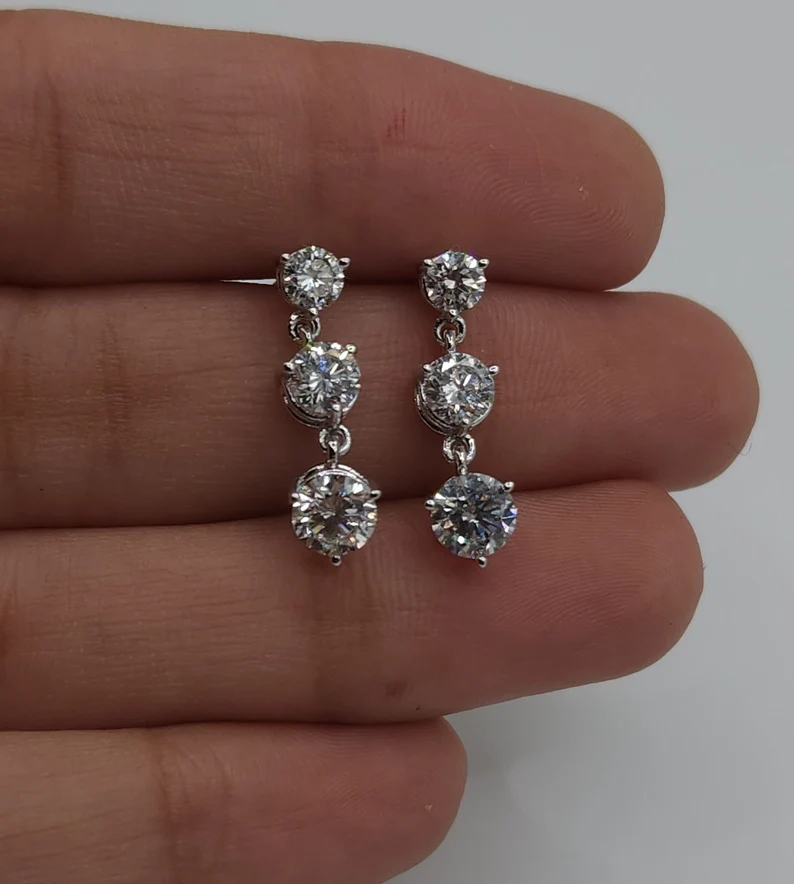 14Kt Gold 3.20 Ct Lab Grown Diamond 3 Stone Dangle stud Earrings