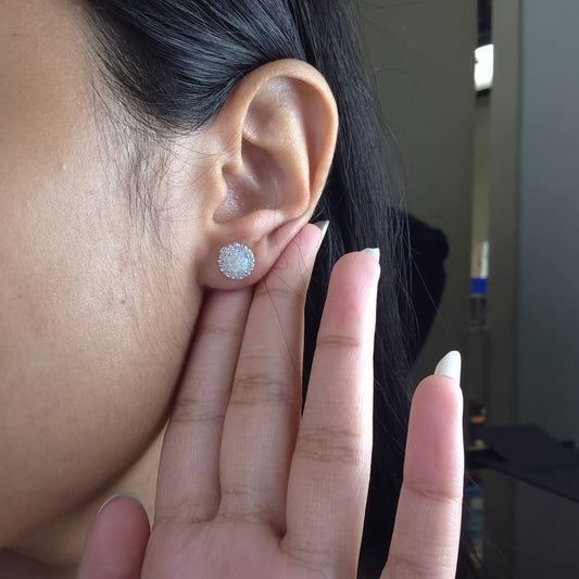 14Kt Gold Simulated Pink Opal Halo Design Stud Earrings