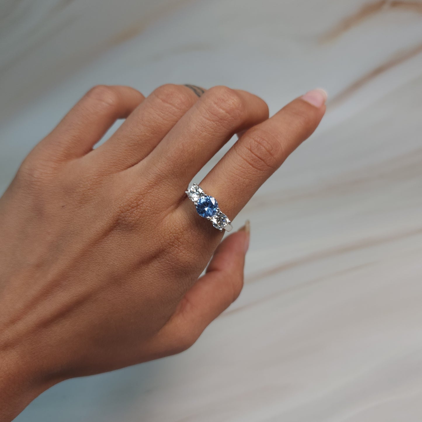 Simulated Aquamarine & 1Ct Lab Grown Diamond Round ring .925 Sterling Silver