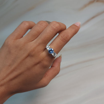 Simulated Aquamarine & 1Ct Lab Grown Diamond Round ring .925 Sterling Silver