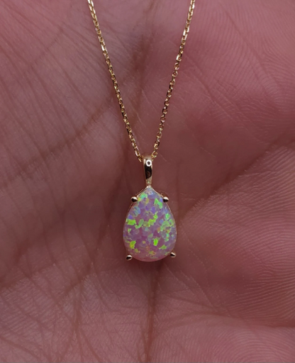 14Kt Gold Pink Opal Teardrop Pendant Necklace