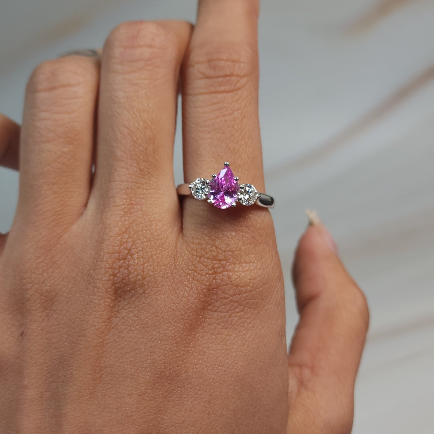 Created Pink Sapphire & Lab Grown Diamond Pear Round ring .925 Sterling Silver