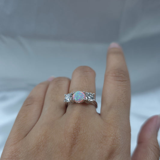 Created Pink Opal & 1Ct Lab Grown Diamond Round ring .925 Sterling Silver