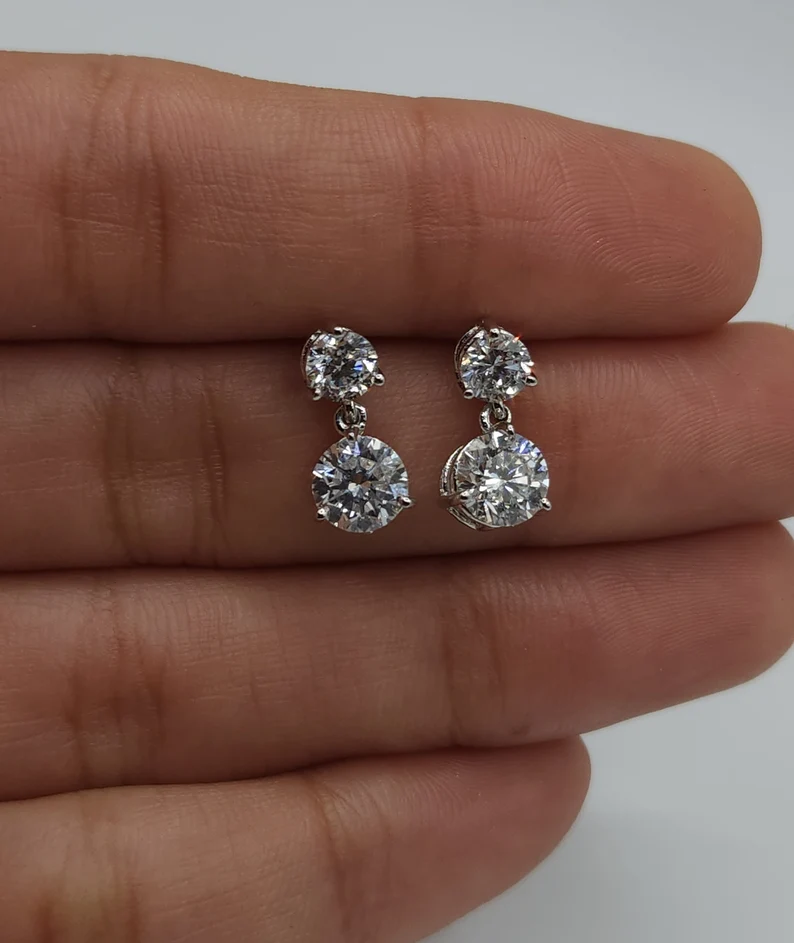 14Kt Gold 2 Ct Lab Grown Diamond 3 Prong Dangle Stud Earrings