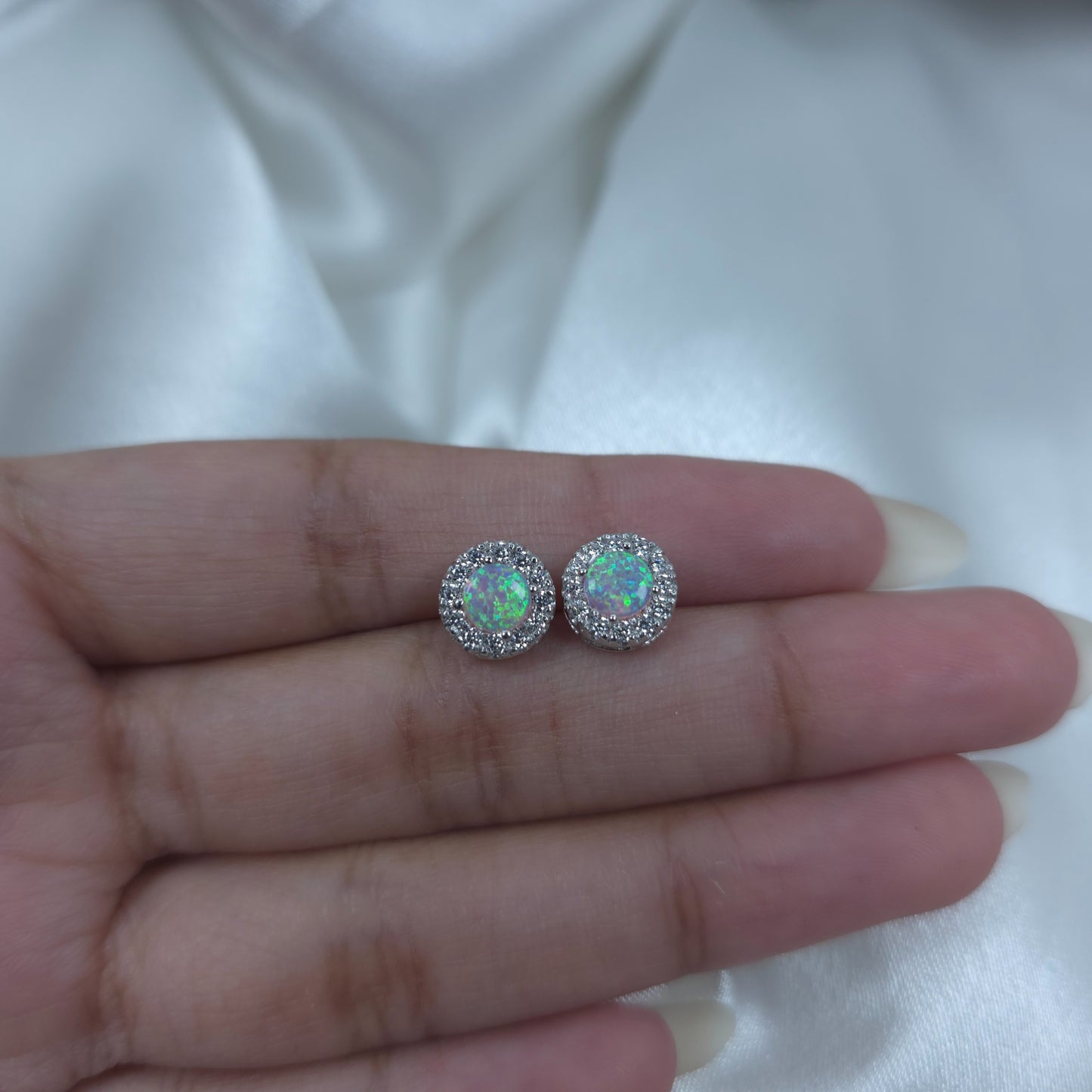 14Kt Gold Simulated Pink Opal Halo Design Stud Earrings