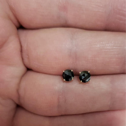 14Kt Gold 0.75 Ct Rose Cut Black Diamond Round Stud Earrings