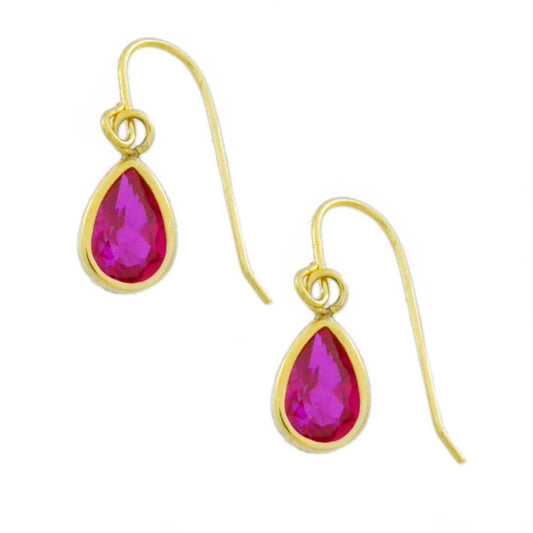 14Kt Yellow Gold Created Ruby Pear Bezel Dangle Earrings