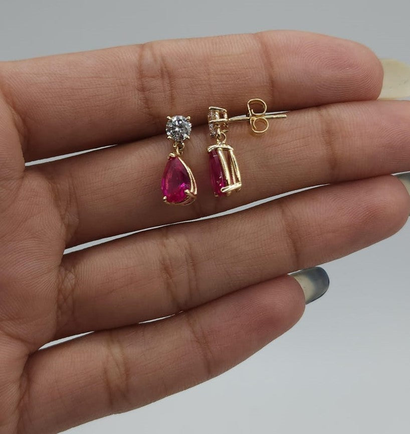 14Kt Gold Created Ruby & Lab Grown Diamond Teardrop Dangle Stud Earrings