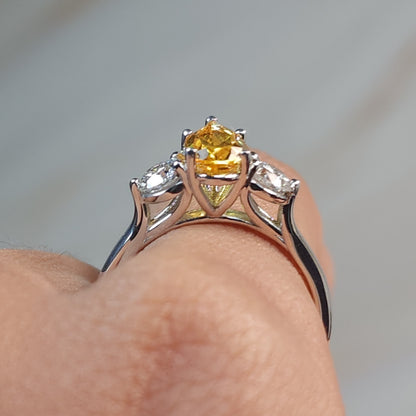 Yellow Citrine & Lab Grown Diamond Pear Round ring .925 Sterling Silver