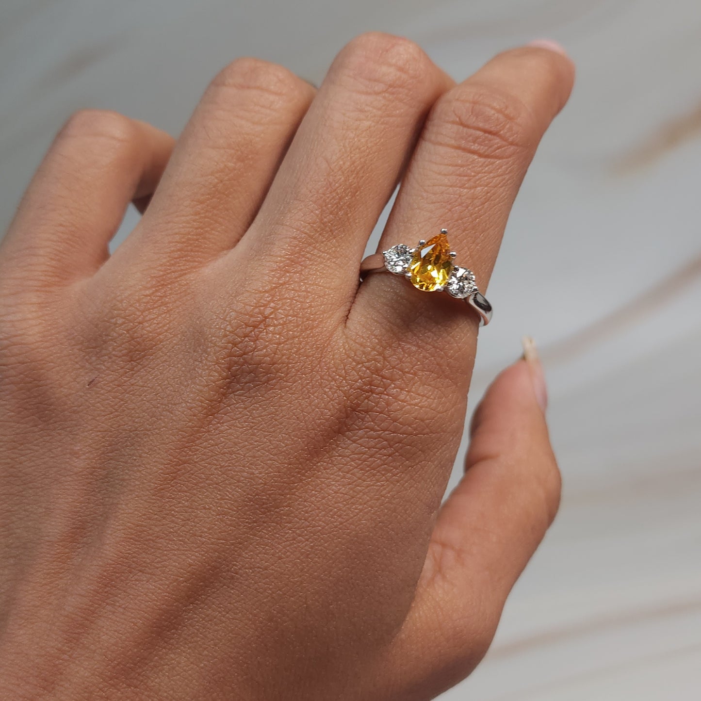Yellow Citrine & Lab Grown Diamond Pear Round ring .925 Sterling Silver