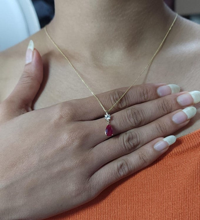 14Kt Gold Created Ruby Teardrop & Lab Grown Diamond Pendant