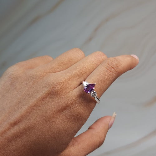 Created Alexandrite & Lab Grown Diamond Pear Round ring .925 Sterling Silver