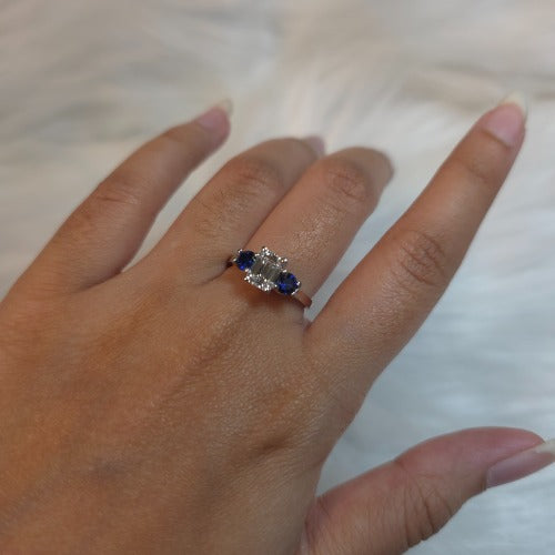 14Kt Gold 1.60 Ct Emerald Cut and Blue Sapphire 3 Stone Lab Grown Diamond Ring