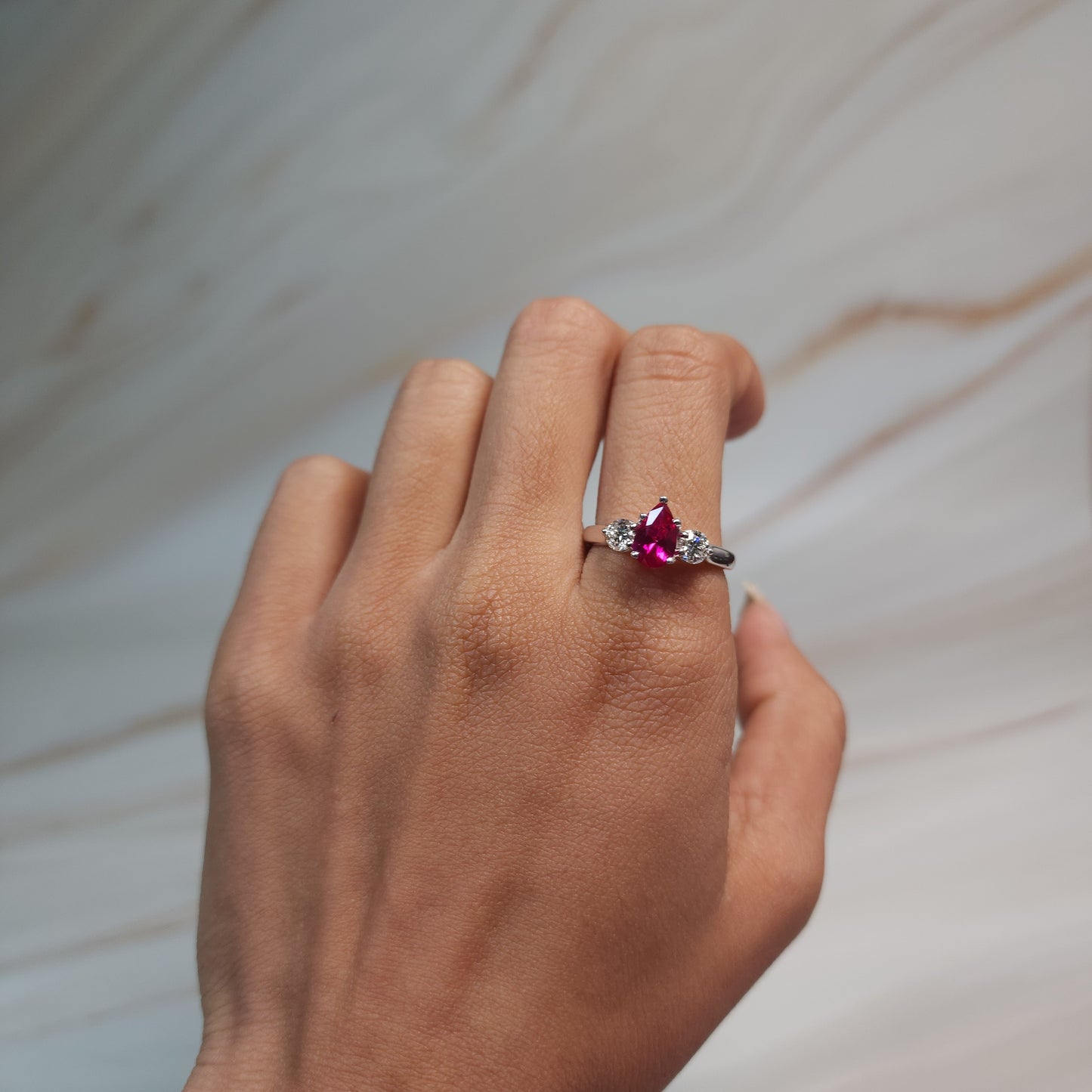 Created Ruby & Lab Grown Diamond Pear Round ring .925 Sterling Silver