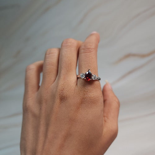 Simulated Garnet & Lab Grown Diamond Pear Round ring .925 Sterling Silver