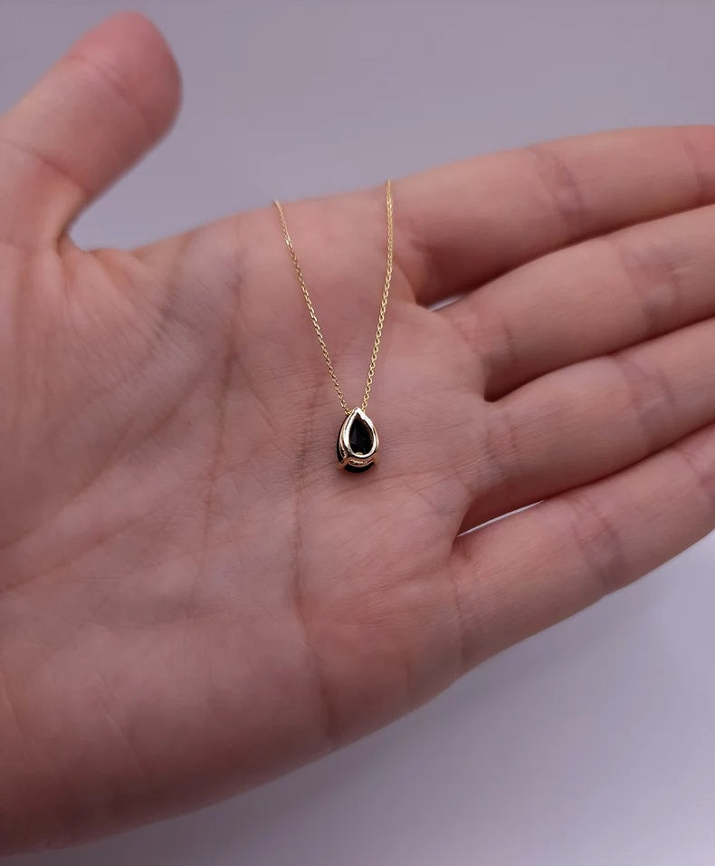 14Kt Gold Natural Black Onyx Teardrop Necklace Pendant