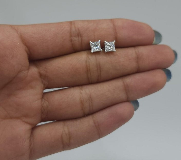 14Kt Gold 1 Ct Lab Grown Princess Cut Square Diamond Stud Earrings