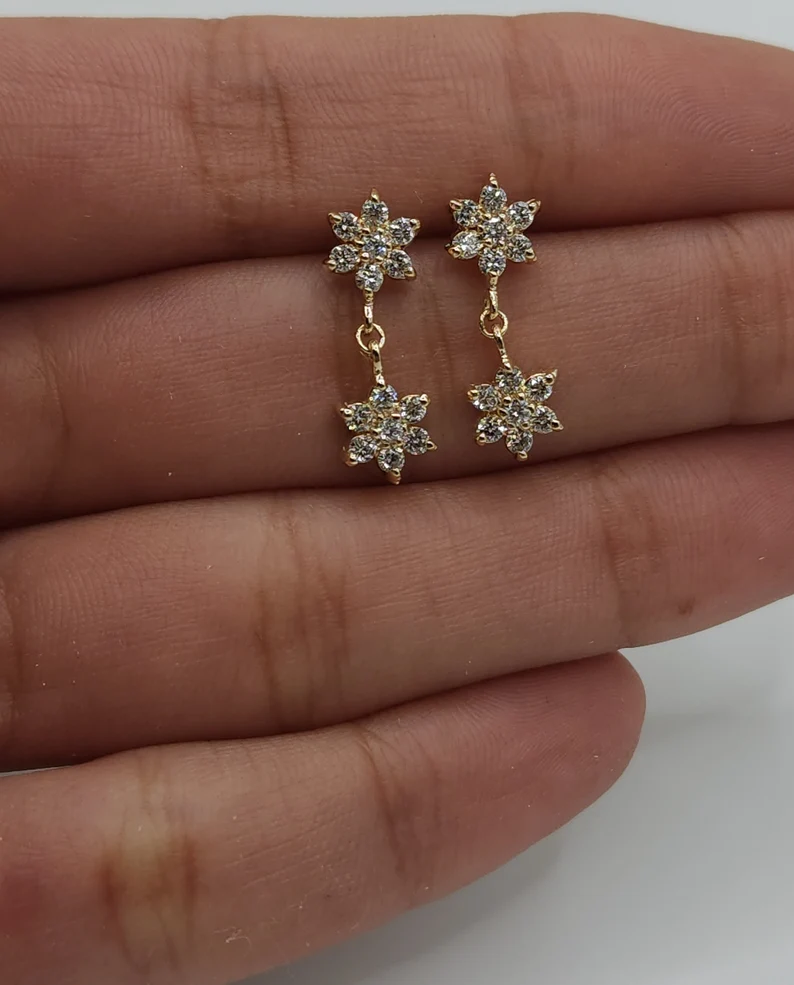 14Kt Gold 0.56 Ct Lab Grown Cluster Star Flower Diamond Dangle Stud Earrings