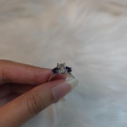14Kt Gold 1.60 Ct Emerald Cut and Blue Sapphire 3 Stone Lab Grown Diamond Ring
