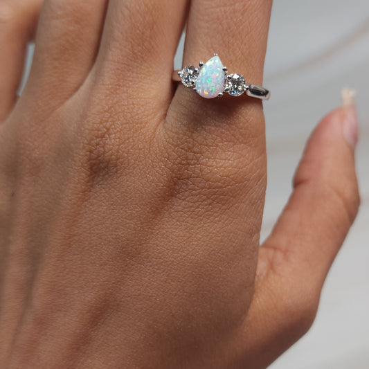 Created Opal & Lab Grown Diamond Pear Round ring .925 Sterling Silver