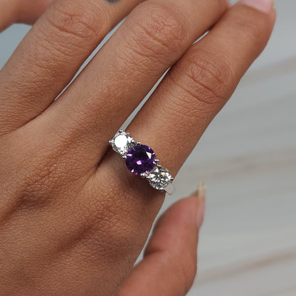 Simulated Amethyst & 1Ct Lab Grown Diamond Round ring .925 Sterling Silver