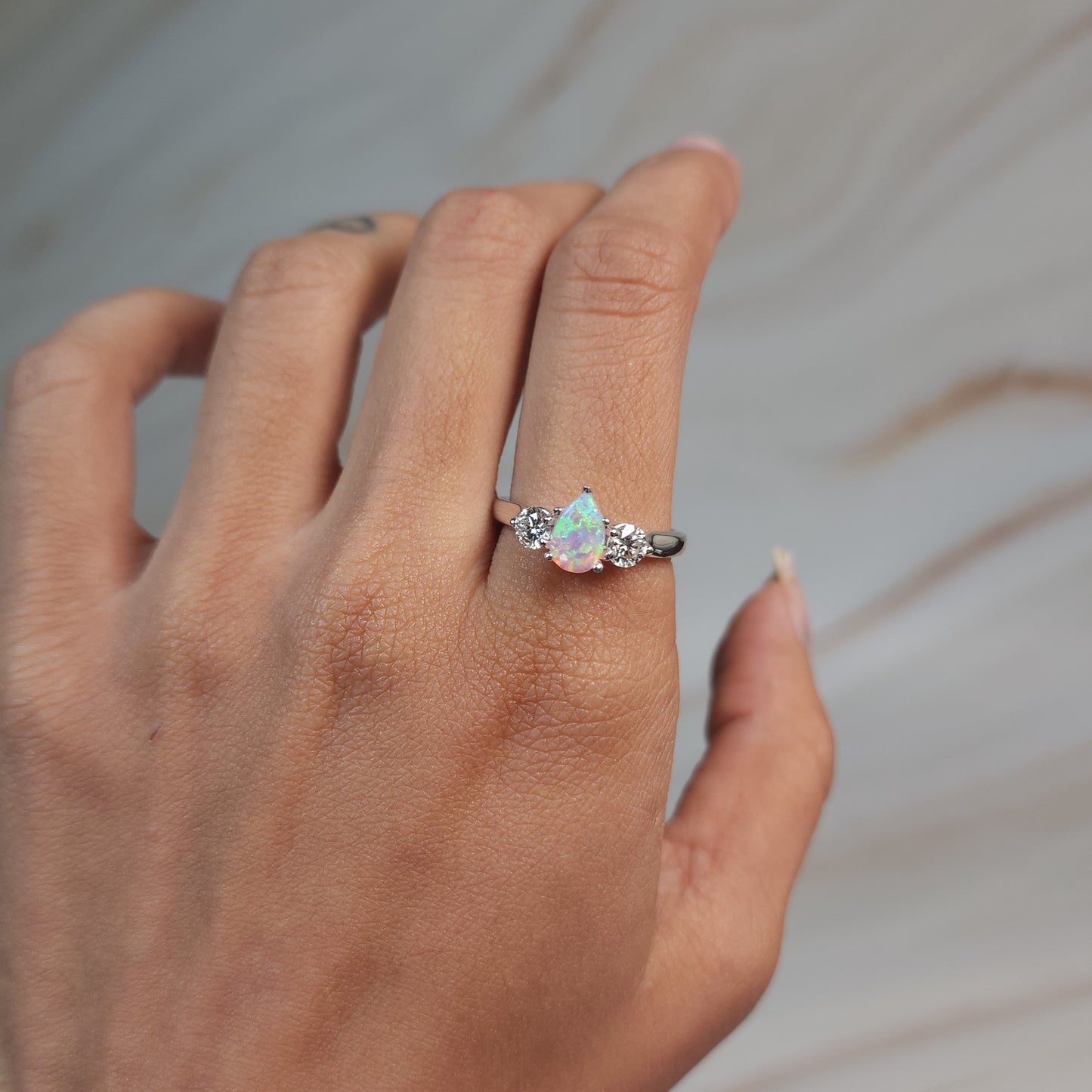 Created Pink Opal & Lab Grown Diamond Pear Round ring .925 Sterling Silver