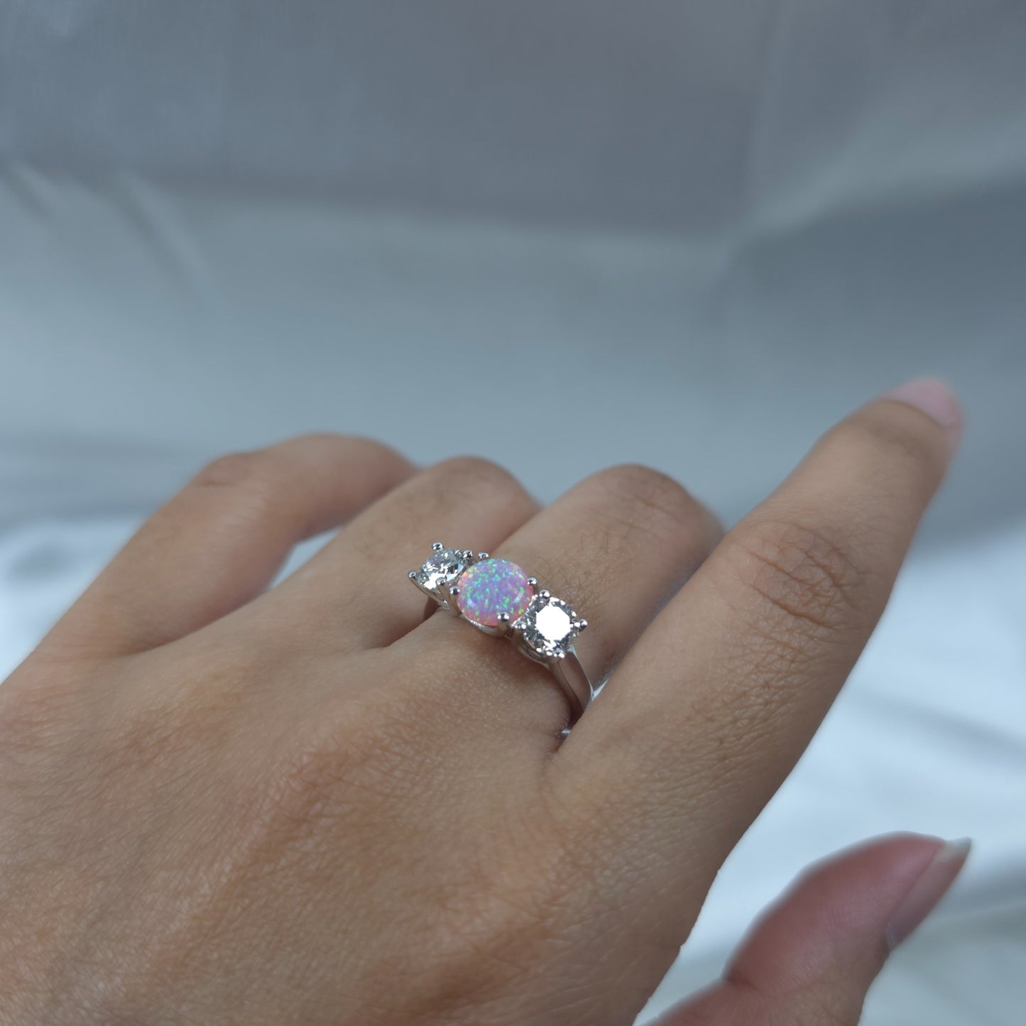 Created Pink Opal & 1Ct Lab Grown Diamond Round ring .925 Sterling Silver