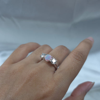 Created Pink Opal & 1Ct Lab Grown Diamond Round ring .925 Sterling Silver
