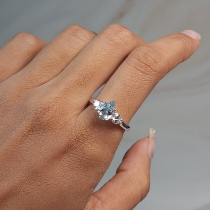 Genuine Aquamarine & Lab Grown Diamond Pear Round ring .925 Sterling Silver