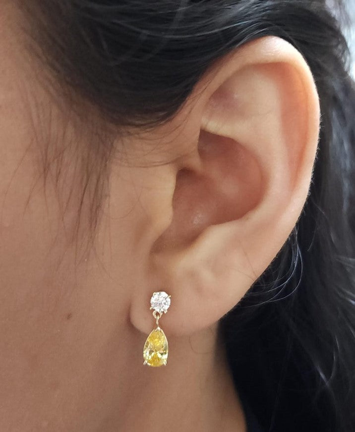 14Kt Gold Created Yellow Citrine & Lab Grown Diamond Teardrop Dangle Stud Earrings