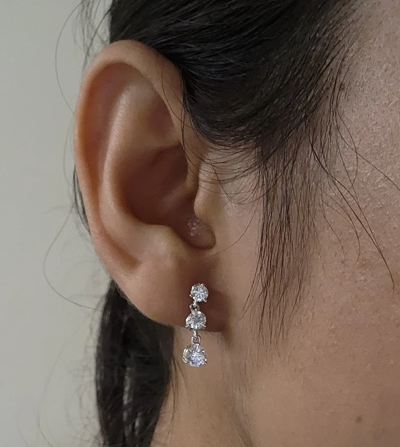 14Kt Gold 1.40 Ct Lab Grown Diamond 3 Stone Dangle stud Earrings