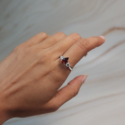 Simulated Garnet & Lab Grown Diamond Pear Round ring .925 Sterling Silver