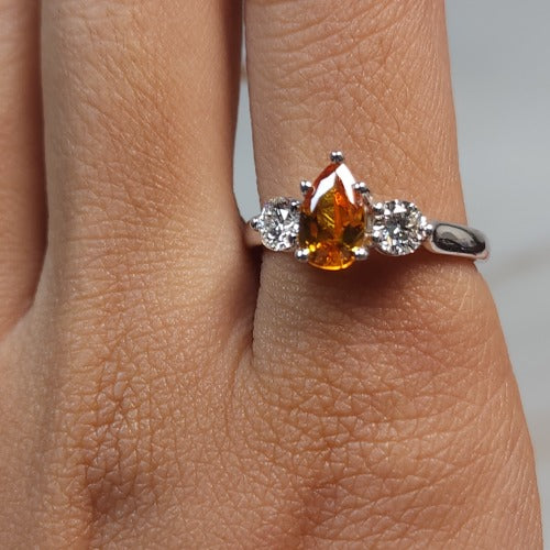 Simulated Orange Citrine & Lab Grown Diamond Pear Round ring .925 Sterling Silver