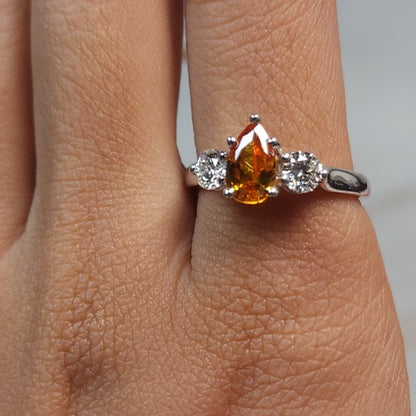 Simulated Orange Citrine & Lab Grown Diamond Pear Round ring .925 Sterling Silver