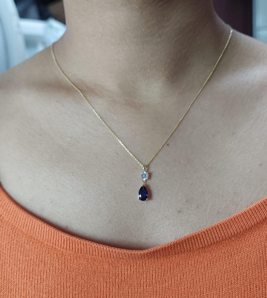 14Kt Gold Blue Sapphire Teardrop & Lab Grown Diamond Pendant