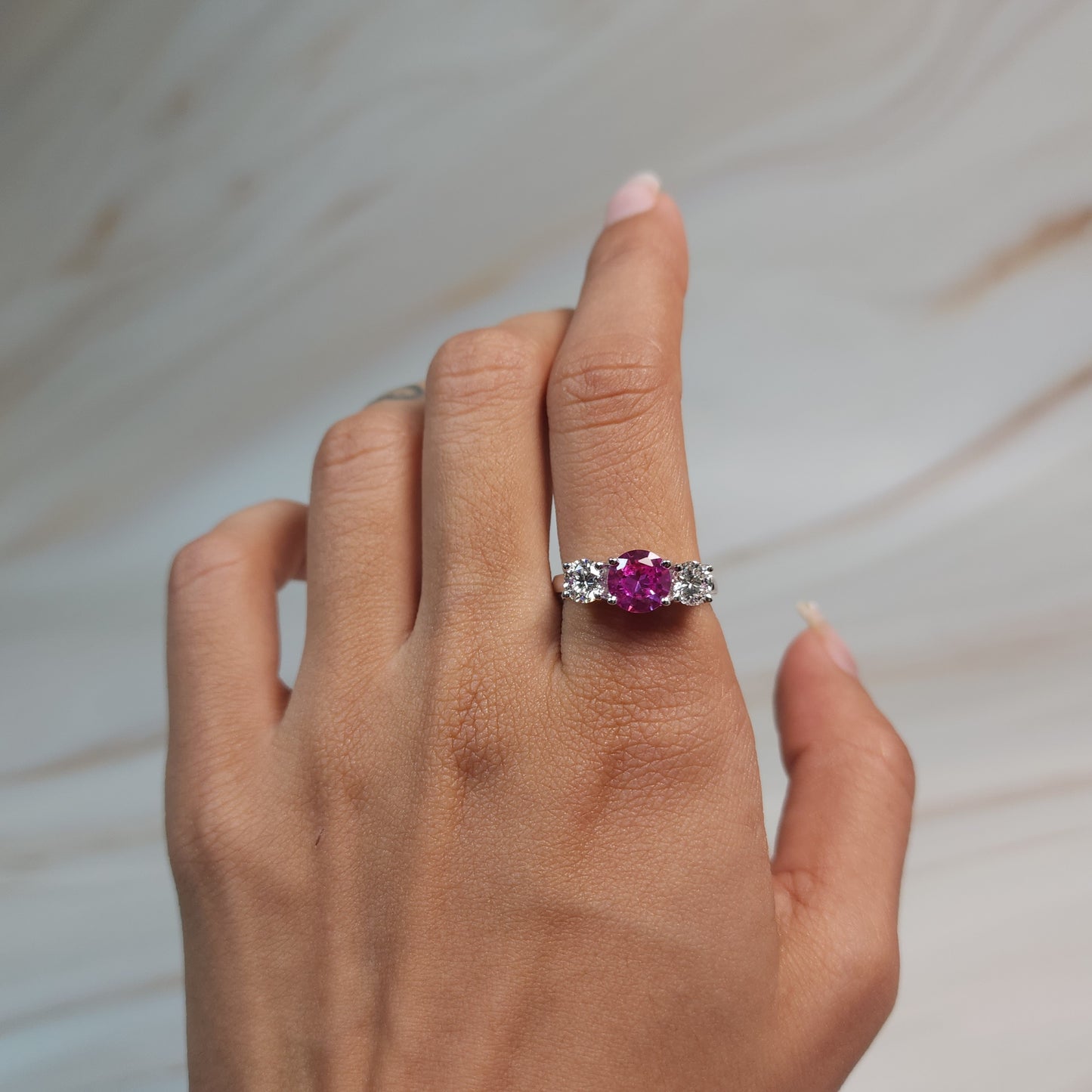 Created Pink Sapphire & 1Ct Lab Grown Diamond Round ring .925 Sterling Silver